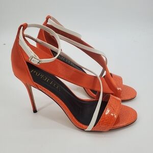 Paper Fox satin and patent leather snake skin strappy heel womens size 10